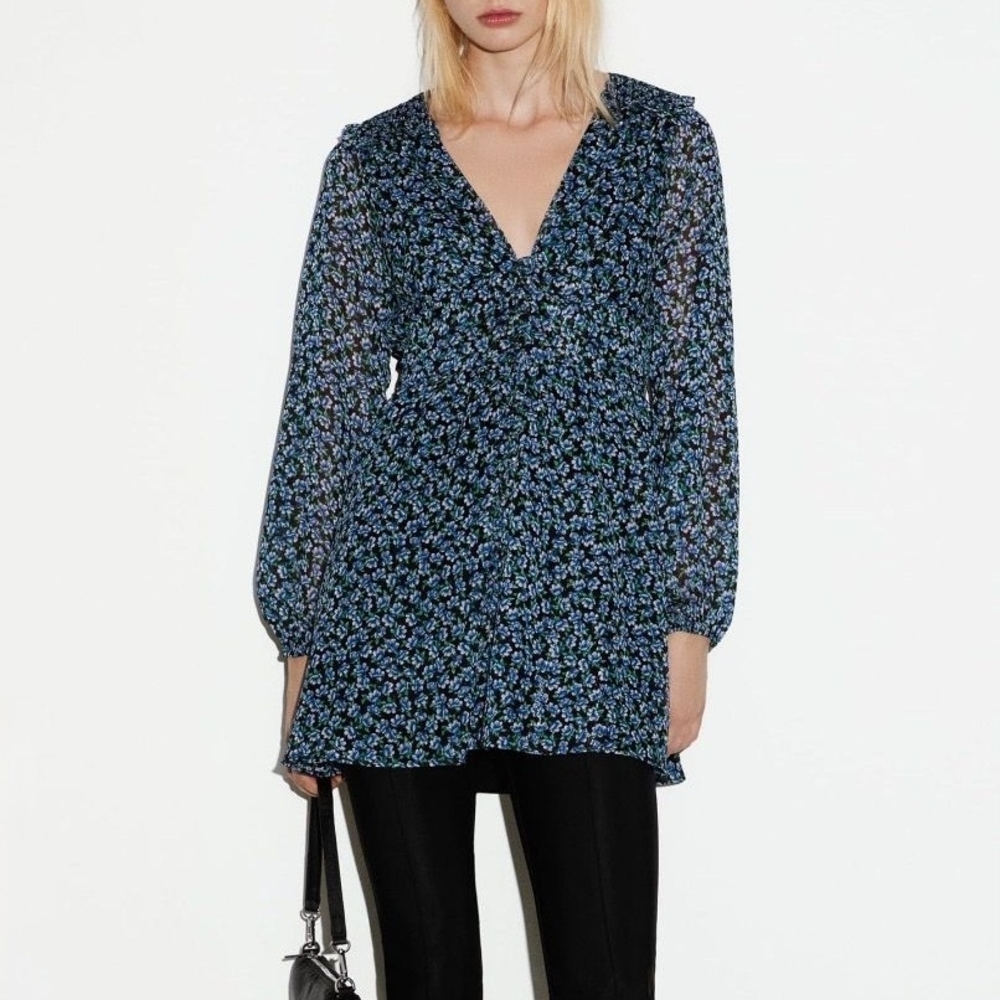 NWT Zara Floral V-Neck Dress Or Tunic - Black and Blue